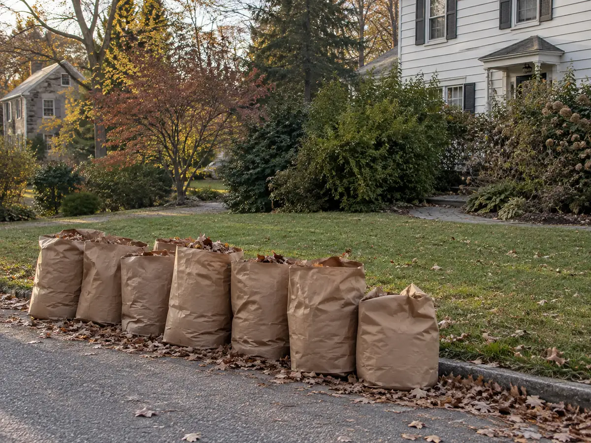 Paper bags filled with leaves beside a lawn and overgrown foundation shrubs.