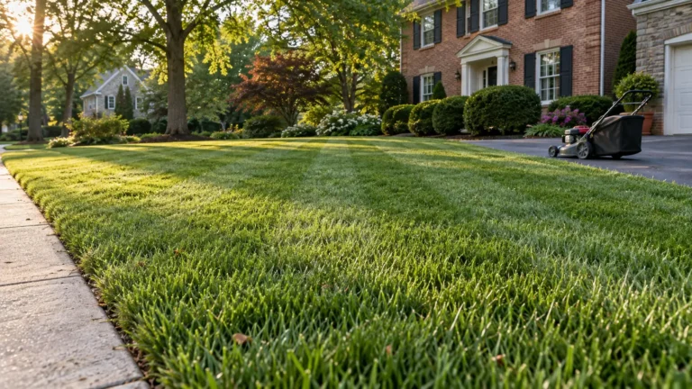 Mown lawn with alternating stripes and an unattended mower on the driveway.