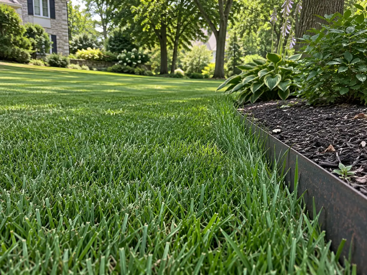 Cut grass blades beside a steel planting-bed border.