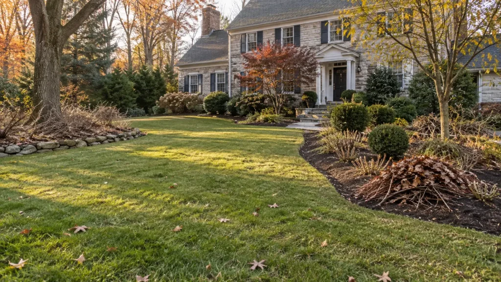 Cleared lawn beside planting beds with cut-back stems and gathered branches.