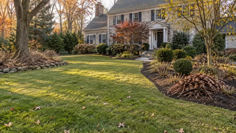 Cleared lawn beside planting beds with cut-back stems and gathered branches.