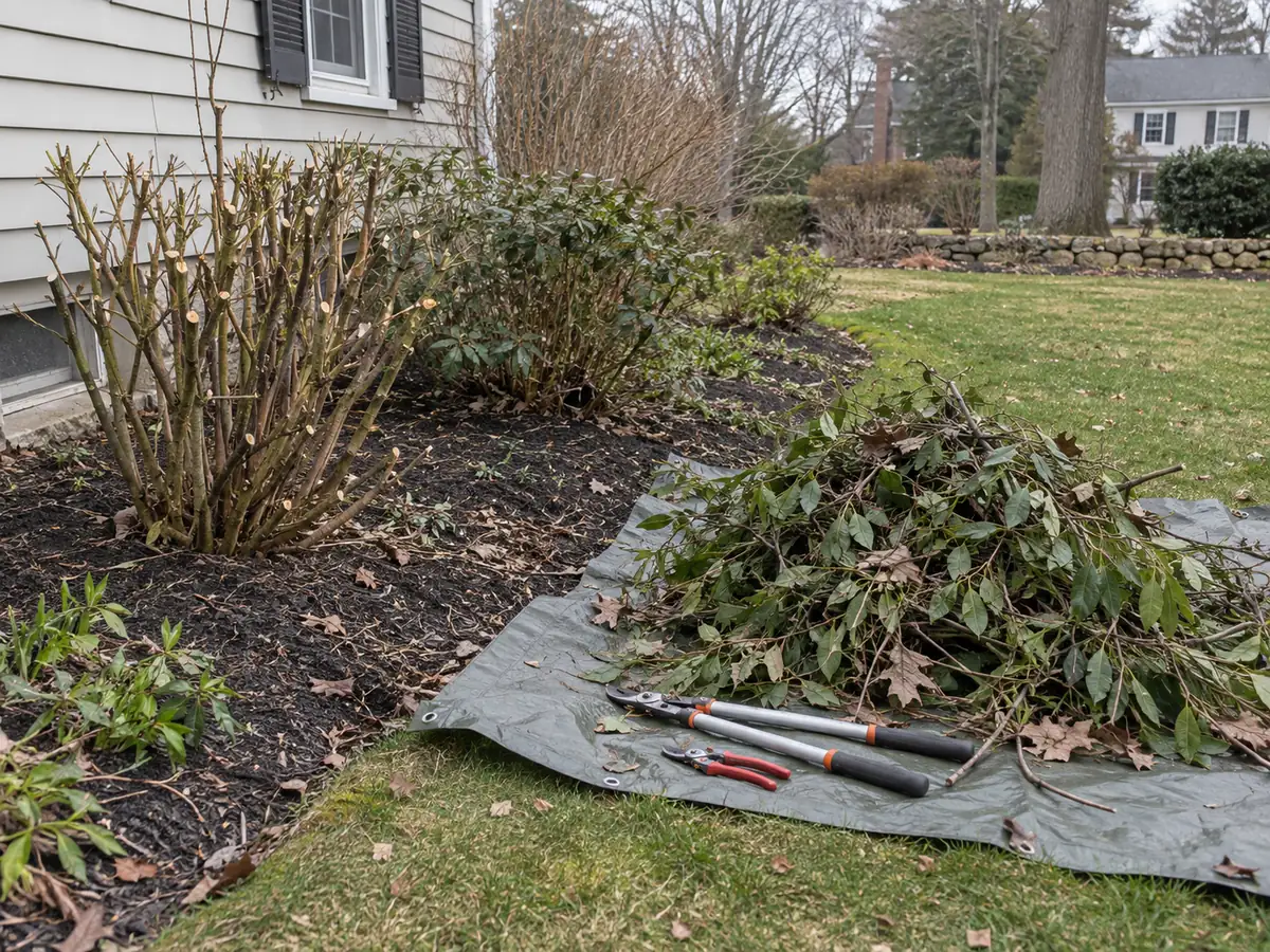 Pruned shrub stems and cut branches on a tarp with closed pruning tools.