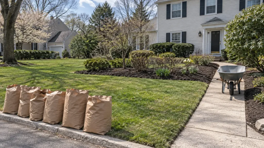 Cleaned front lawn and planting beds with paper yard bags and an empty wheelbarrow.