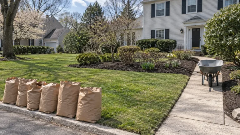 Cleaned front lawn and planting beds with paper yard bags and an empty wheelbarrow.