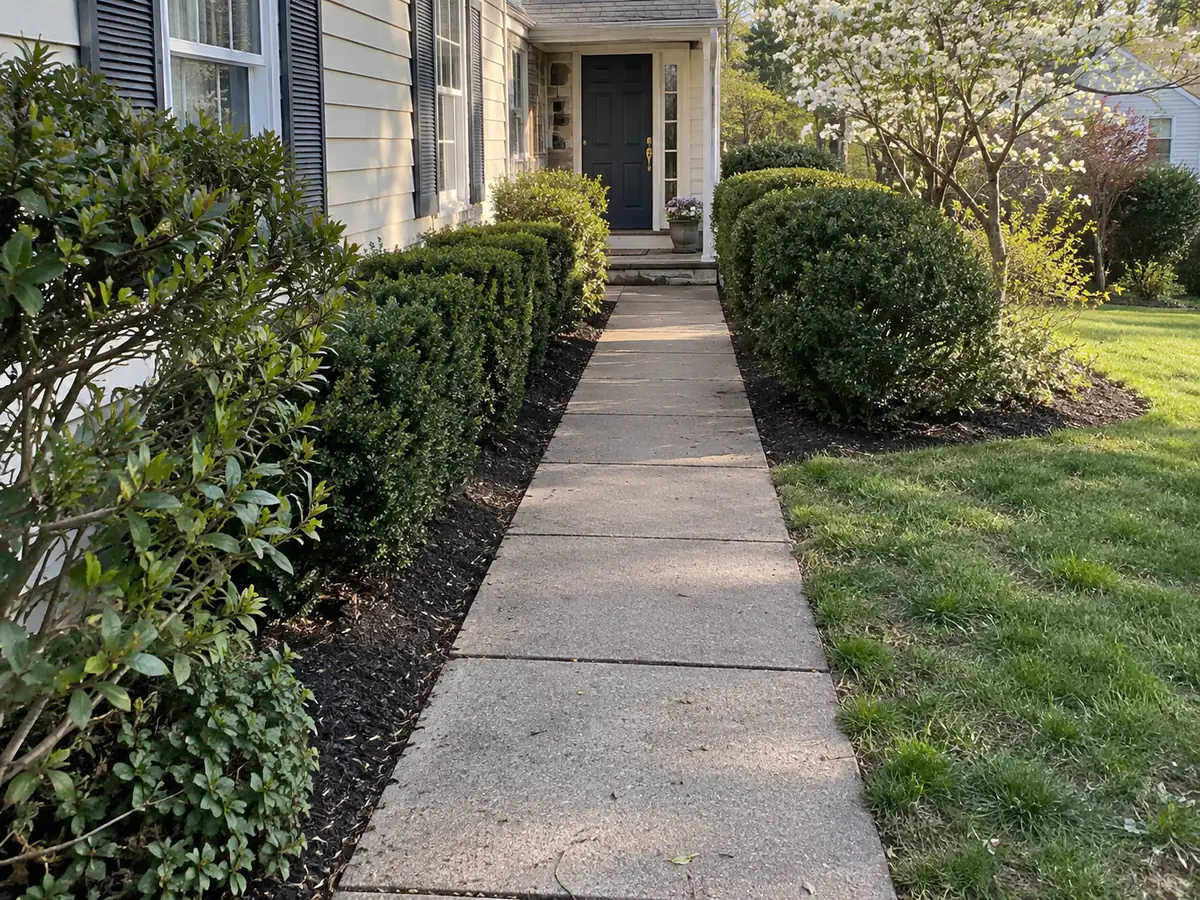 Concrete front walkway with shrubs trimmed back from both edges.