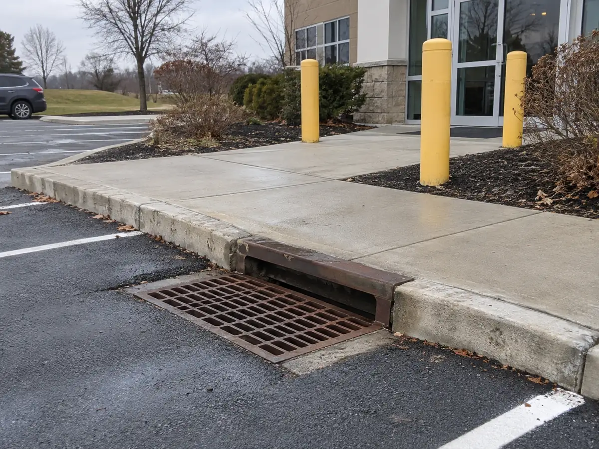 Clear curbside storm drain beside an entrance walkway and yellow bollards.
