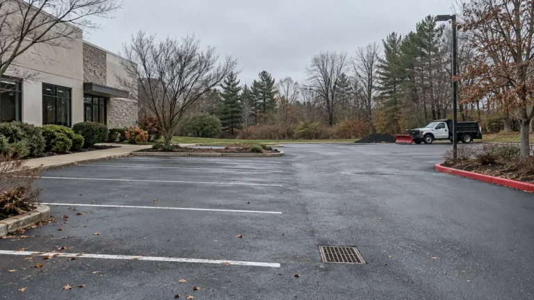 Empty commercial parking area with a storm drain and parked snowplow truck in late fall.