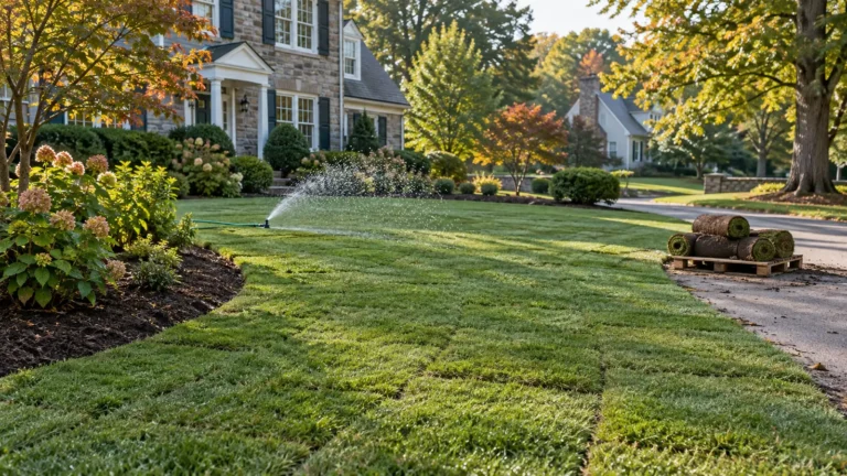 New sod with visible seams, a sprinkler and rolled turf on a pallet.