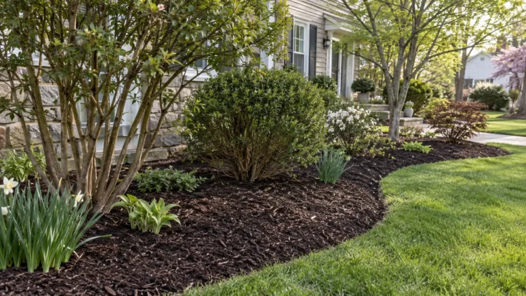 Fresh mulch along a curved planting bed containing shrubs and spring plants.