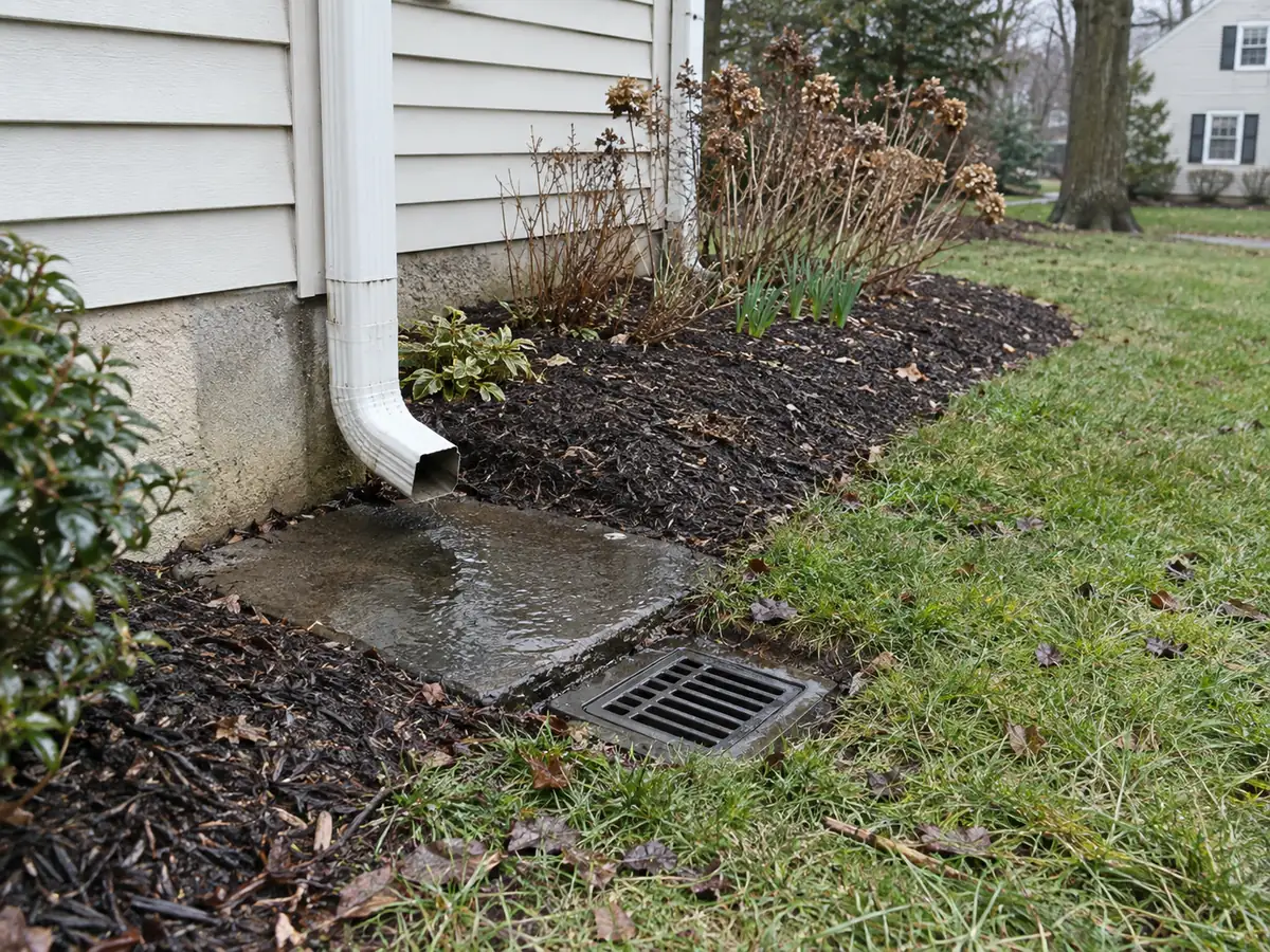 Unobstructed downspout, splash pad and small yard drain beside a planting bed.