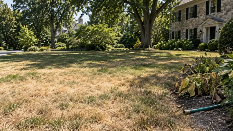 Tan and green patches across a summer lawn beneath mature trees.