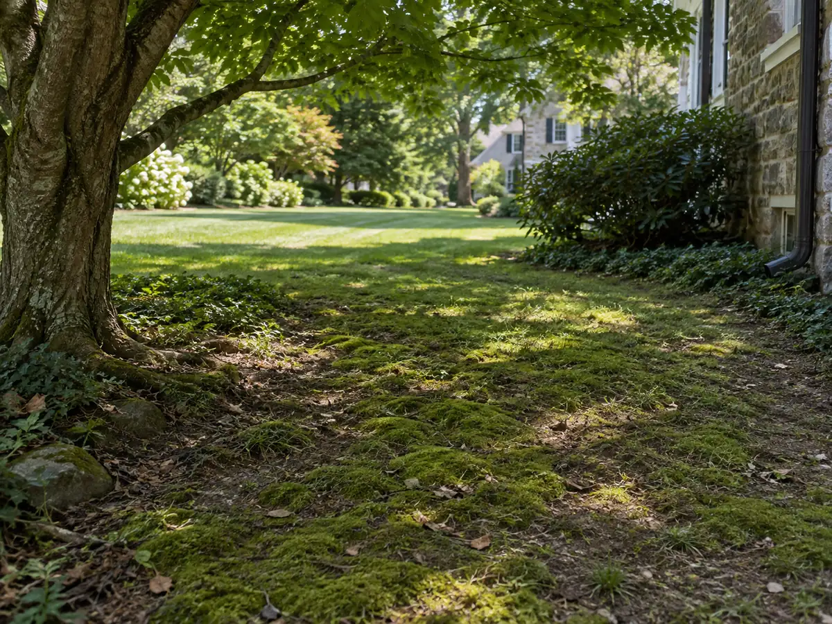 Sparse grass, moss and bare soil in a shaded side yard.